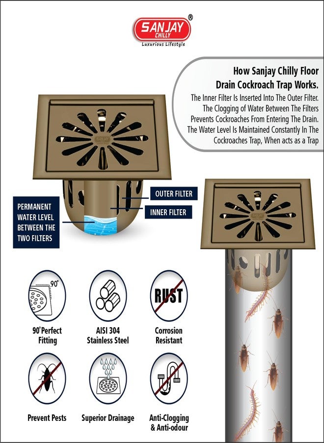 Sanjay Chilly Square Ezee Colour Collection Floor Drain Cockroach Trap for Bathroom Stainless Steel 304 Grade Waste Water Drainer Washbasin Sink Bathtub Washroom & Toilet (Brushed Bronze 6X6 Inch) - Image 5